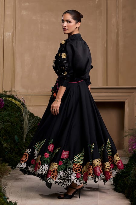 Shop Chandrima Black Silk Organza Cut Work, Applique, Beads Collared Floral Kimono Shirt at Aza Fashions Shop_Chandrima_Black Silk Organza Cut Work, Applique, Beads Collared Floral Kimono Shirt _at_Aza_Fashions