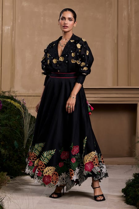 Chandrima Black Silk Organza Cut Work, Applique, Beads Collared Floral Kimono Shirt Online at Aza Fashions Chandrima_Black Silk Organza Cut Work, Applique, Beads Collared Floral Kimono Shirt _Online_at_Aza_Fashions