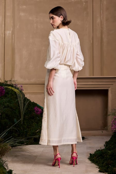 Shop Chandrima Ivory Chanderi Lace, Applique, Beads Round Neck Rose Embroidered Top at Aza Fashions Shop_Chandrima_Ivory Chanderi Lace, Applique, Beads Round Neck Rose Embroidered Top _at_Aza_Fashions