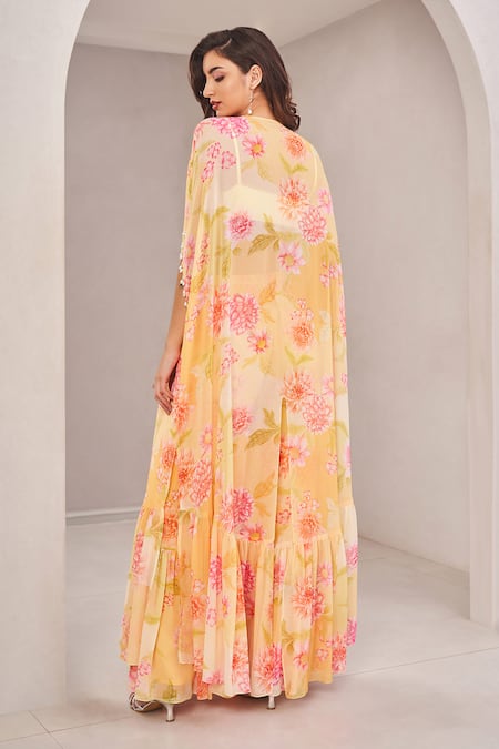 Sammohi By Moksha And Hiral Yellow Floral Printed Kaftan Cape & Palazzo Set 
