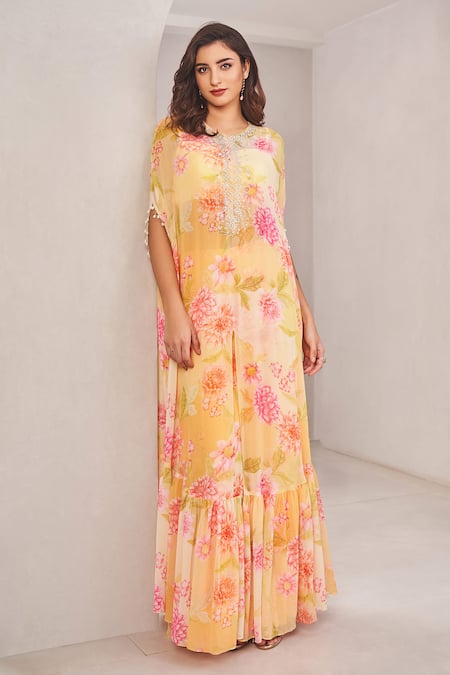Sammohi By Moksha And Hiral_Yellow Silk, Georgette Pearls Floral Printed Kaftan Cape And Palazzo Set _Online_at_Aza_Fashions