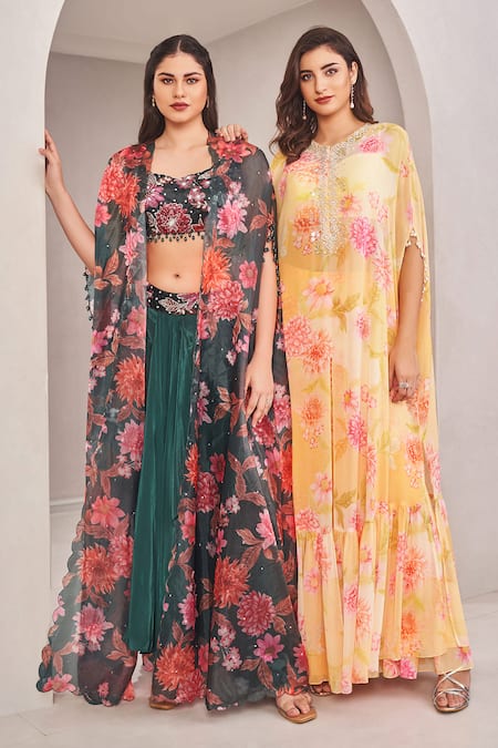 Buy_Sammohi By Moksha And Hiral_Yellow Silk, Georgette Pearls Floral Printed Kaftan Cape And Palazzo Set _Online_at_Aza_Fashions