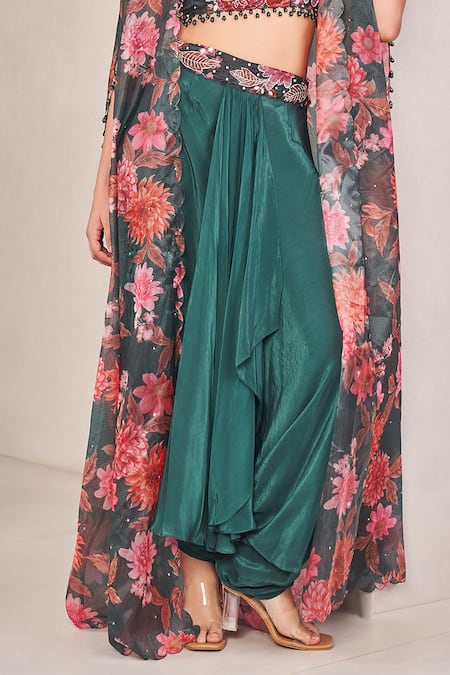 Sammohi By Moksha And Hiral_Green Organza, Crepe Pearls Scoop Neck Floral Printed Cape And Dhoti Pant Set _Online_at_Aza_Fashions