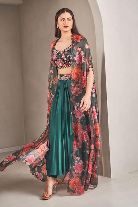 Buy_Sammohi By Moksha And Hiral_Green Organza, Crepe Pearls Scoop Neck Floral Printed Cape And Dhoti Pant Set _Online_at_Aza_Fashions