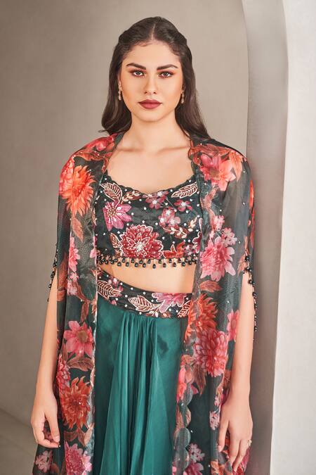 Shop_Sammohi By Moksha And Hiral_Green Organza, Crepe Pearls Scoop Neck Floral Printed Cape And Dhoti Pant Set _Online_at_Aza_Fashions