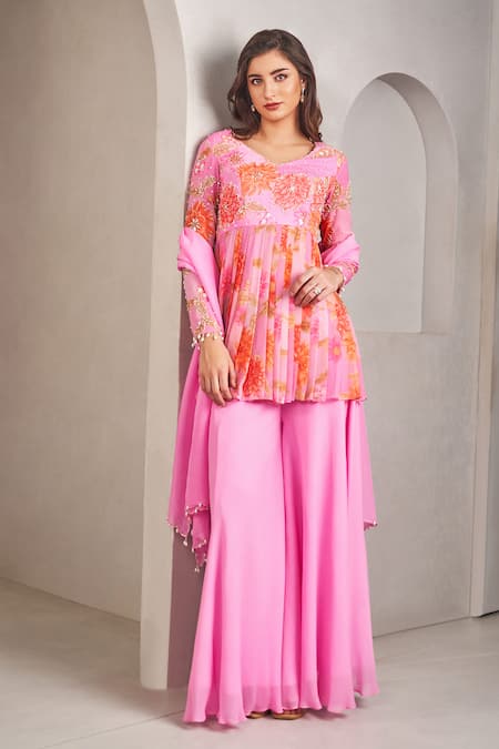 SAMMOHI BY MOKSHA AND HIRAL Floral Print Peplum Kurta Palazzo Set 