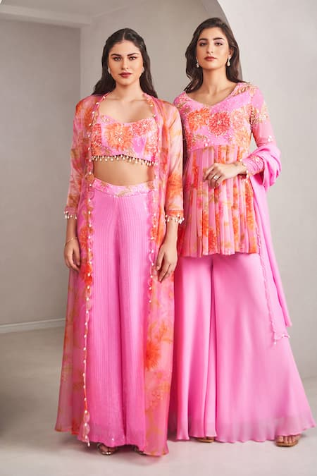 Shop_Sammohi By Moksha And Hiral_Pink Georgette Pearls, Sequins V-neck Floral Print Peplum Kurta Set _Online_at_Aza_Fashions