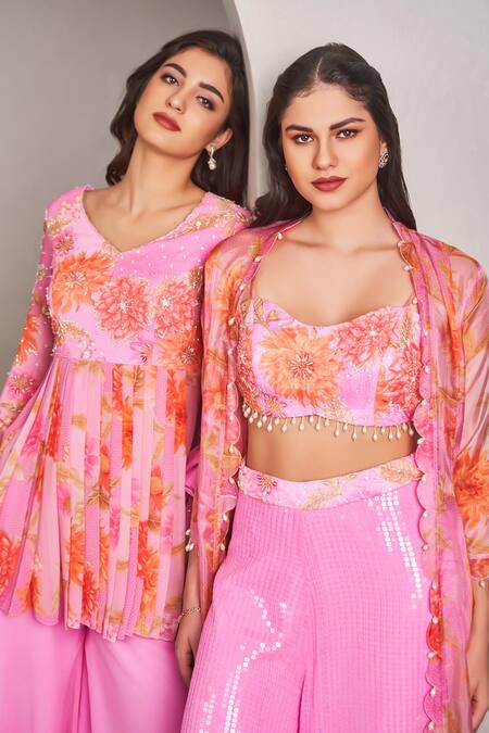 Sammohi By Moksha And Hiral_Pink Organza Embroidery, Pearls, Sequins Floral Print Kurta Palazzo Set _Online_at_Aza_Fashions