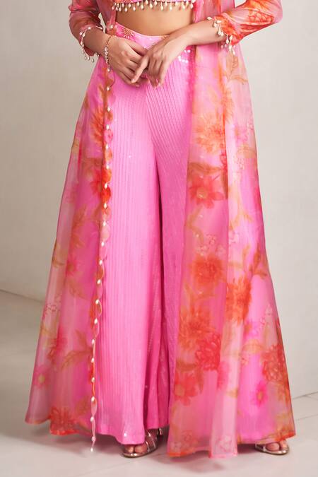 Buy_Sammohi By Moksha And Hiral_Pink Organza Embroidery, Pearls, Sequins Floral Print Kurta Palazzo Set _Online_at_Aza_Fashions