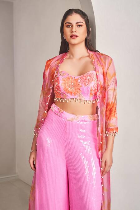 Sammohi By Moksha And Hiral_Pink Organza Embroidery, Pearls, Sequins Floral Print Kurta Palazzo Set _at_Aza_Fashions