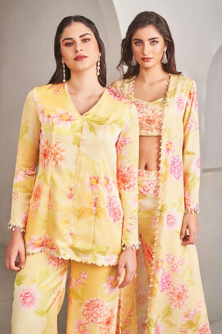Sammohi By Moksha And Hiral_Yellow Modal, Satin Pearls V-neck Floral Printed Kurta And Pant Set _at_Aza_Fashions