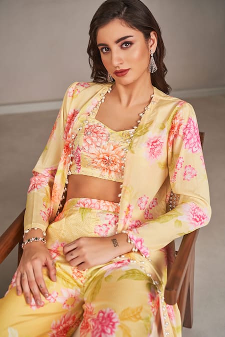 Sammohi By Moksha And Hiral_Yellow Modal, Satin Pearls Sweetheart Neck, Open Floral Print Jacket Pant Set _Online_at_Aza_Fashions