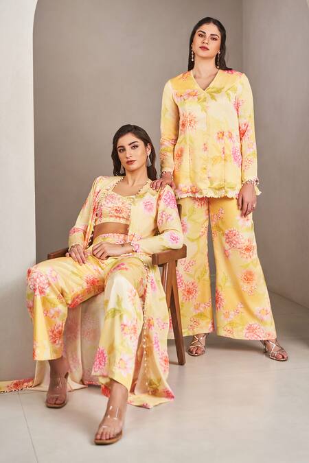 Buy_Sammohi By Moksha And Hiral_Yellow Modal, Satin Pearls Sweetheart Neck, Open Floral Print Jacket Pant Set _Online_at_Aza_Fashions