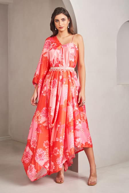 SAMMOHI BY MOKSHA AND HIRAL Coral One-Shoulder Floral Maxi Dress 