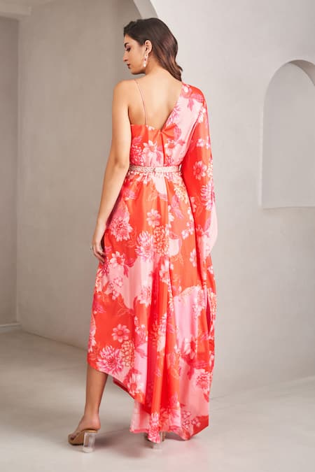 Sammohi By Moksha And Hiral Coral One-Shoulder Floral Maxi Dress 