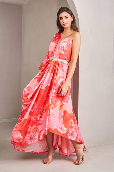Buy_Sammohi By Moksha And Hiral_Coral Modal, Satin Embroidery One Shoulder Maxi Dress _Online_at_Aza_Fashions