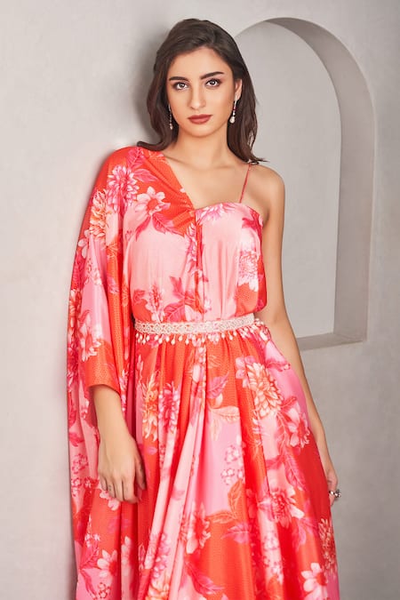 Shop_Sammohi By Moksha And Hiral_Coral Modal, Satin Embroidery One Shoulder Maxi Dress _Online_at_Aza_Fashions