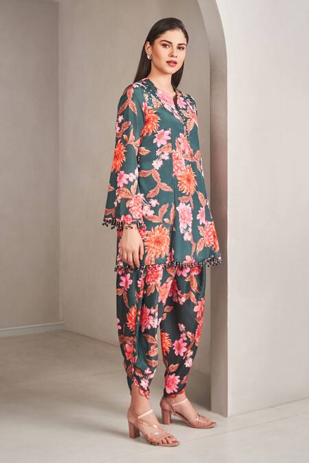 Sammohi By Moksha And Hiral_Green Modal, Satin Beads, Tassels V-neck Floral Printed Kurta And Dhoti Pant Set _Online_at_Aza_Fashions