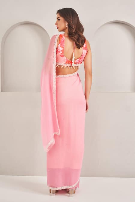 Sammohi By Moksha And Hiral Pearl Embellished Pink Organza Saree Set 