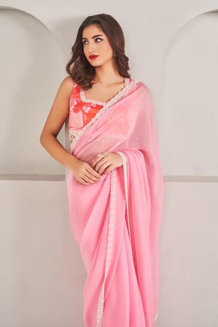 Buy_Sammohi By Moksha And Hiral_Pink Modal, Satin, Organza Pearls Square Neck Embellished Saree Set _Online_at_Aza_Fashions