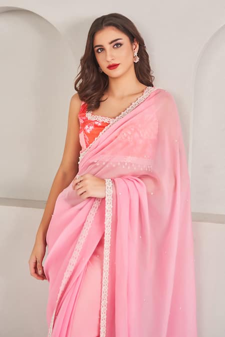Shop_Sammohi By Moksha And Hiral_Pink Modal, Satin, Organza Pearls Square Neck Embellished Saree Set _Online_at_Aza_Fashions