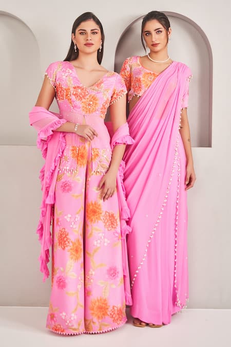 Sammohi By Moksha And Hiral_Pink Crepe, Silk, Georgette Pearls V-neck Floral Print Top And Palazzo Set _Online_at_Aza_Fashions