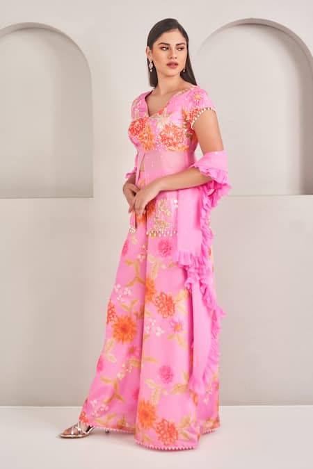 Buy_Sammohi By Moksha And Hiral_Pink Crepe, Silk, Georgette Pearls V-neck Floral Print Top And Palazzo Set _Online_at_Aza_Fashions