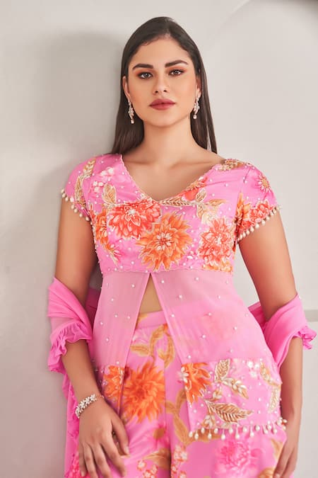 Shop_Sammohi By Moksha And Hiral_Pink Crepe, Silk, Georgette Pearls V-neck Floral Print Top And Palazzo Set _Online_at_Aza_Fashions