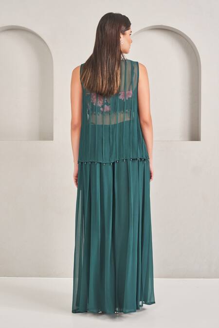 Shop Sammohi By Moksha And Hiral Green Modal, Georgette Pearls, Embroidered Floral Blouse And Jacket Palazzo Set at Aza Fashions Shop_Sammohi By Moksha And Hiral_Green Modal, Georgette Pearls, Embroidered Floral Blouse And Jacket Palazzo Set_at_Aza_Fashions