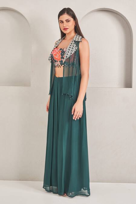 Sammohi By Moksha And Hiral Green Modal, Georgette Pearls, Embroidered Floral Blouse And Jacket Palazzo Set Online at Aza Fashions Sammohi By Moksha And Hiral_Green Modal, Georgette Pearls, Embroidered Floral Blouse And Jacket Palazzo Set_Online_at_Aza_Fashions