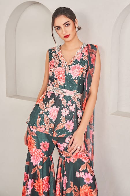 Shop_Sammohi By Moksha And Hiral_Green Crepe Pearls Scoop Neck Floral Peplum Kurta Set With Dupatta _Online_at_Aza_Fashions