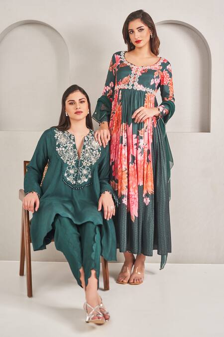Shop_Sammohi By Moksha And Hiral_Green Silk Pearls, Sequins Collared Floral Embroidered Tunic And Tulip Pant Set _Online_at_Aza_Fashions