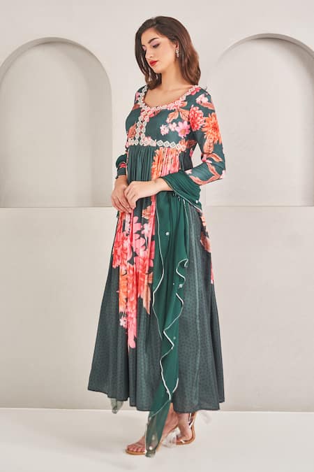 Buy Sammohi By Moksha And Hiral Green Crepe, Silk, Georgette Pearls Floral Embroidered Anarkali Set Online at Aza Fashions Buy_Sammohi By Moksha And Hiral_Green Crepe, Silk, Georgette Pearls Floral Embroidered Anarkali Set _Online_at_Aza_Fashions