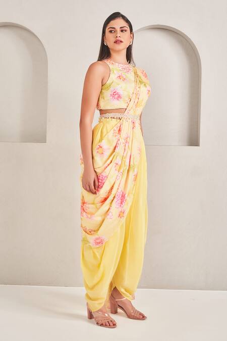 Buy_Sammohi By Moksha And Hiral_Gold Crepe, Silk Pearls Round Neck Floral Embroidered Pre-draped Dhoti Saree Set _Online_at_Aza_Fashions