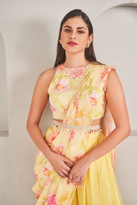 Shop_Sammohi By Moksha And Hiral_Gold Crepe, Silk Pearls Round Neck Floral Embroidered Pre-draped Dhoti Saree Set _Online_at_Aza_Fashions