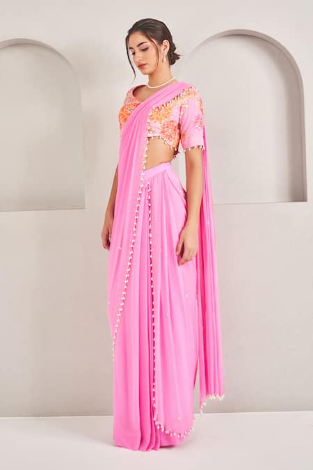 Sammohi By Moksha And Hiral_Pink Modal, Satin, Georgette Pearls, Embroidered Pre-draped Saree And Blouse Set _Online_at_Aza_Fashions