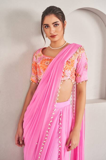 Buy_Sammohi By Moksha And Hiral_Pink Modal, Satin, Georgette Pearls, Embroidered Pre-draped Saree And Blouse Set _Online_at_Aza_Fashions