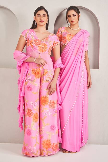 Shop_Sammohi By Moksha And Hiral_Pink Modal, Satin, Georgette Pearls, Embroidered Pre-draped Saree And Blouse Set _Online_at_Aza_Fashions