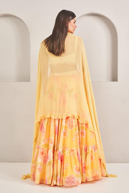 Sammohi By Moksha And Hiral Floral Printed Yellow Lehenga Set 