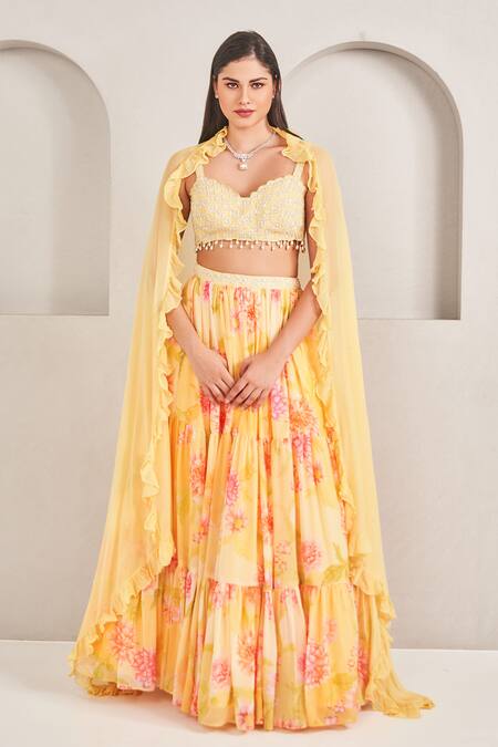 Sammohi By Moksha And Hiral_Yellow Silk, Georgette Pearls, Fringe Sweetheart Floral Printed Lehenga Set _Online_at_Aza_Fashions