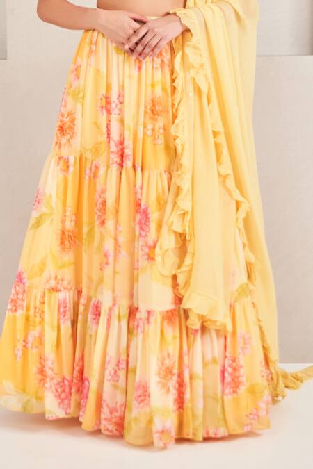 Buy_Sammohi By Moksha And Hiral_Yellow Silk, Georgette Pearls, Fringe Sweetheart Floral Printed Lehenga Set _Online_at_Aza_Fashions