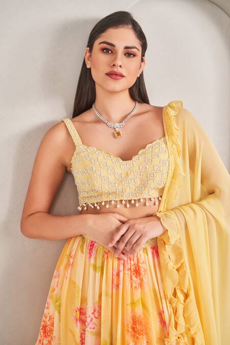 Shop_Sammohi By Moksha And Hiral_Yellow Silk, Georgette Pearls, Fringe Sweetheart Floral Printed Lehenga Set _Online_at_Aza_Fashions