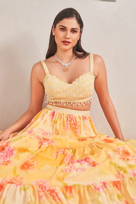 Sammohi By Moksha And Hiral_Yellow Silk, Georgette Pearls, Fringe Sweetheart Floral Printed Lehenga Set _at_Aza_Fashions