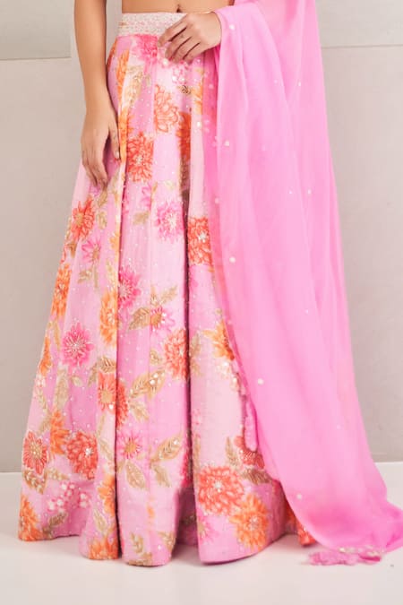 Sammohi By Moksha And Hiral_Purple Silk, Georgette Sequins, Pearls Floral Print Embroidered Lehenga Set _Online_at_Aza_Fashions