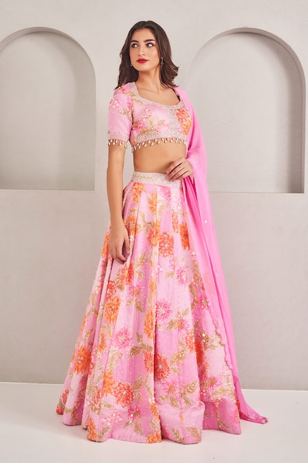 Buy_Sammohi By Moksha And Hiral_Purple Silk, Georgette Sequins, Pearls Floral Print Embroidered Lehenga Set _Online_at_Aza_Fashions
