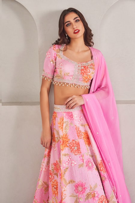 Shop_Sammohi By Moksha And Hiral_Purple Silk, Georgette Sequins, Pearls Floral Print Embroidered Lehenga Set _Online_at_Aza_Fashions