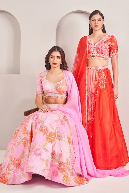Sammohi By Moksha And Hiral_Purple Silk, Georgette Sequins, Pearls Floral Print Embroidered Lehenga Set _at_Aza_Fashions