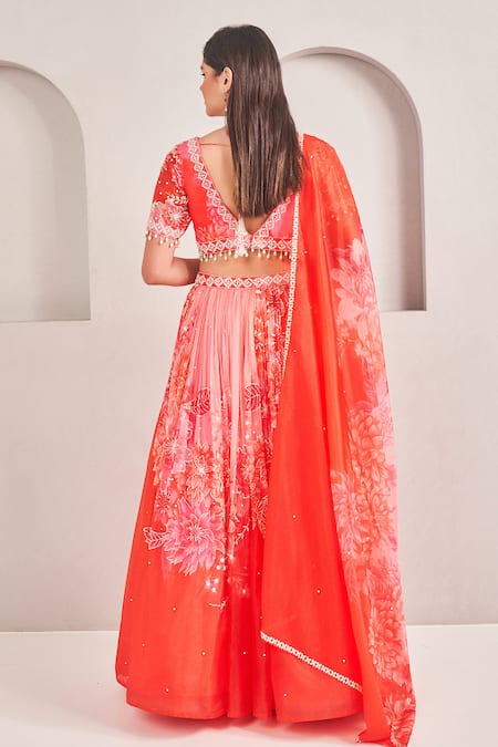 Sammohi By Moksha And Hiral Coral Floral Print Lehenga Set 