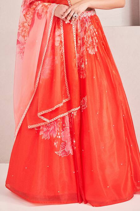 Sammohi By Moksha And Hiral_Coral , Silk Pearls, Embroidery V-neck Print Lehenga Set _Online_at_Aza_Fashions