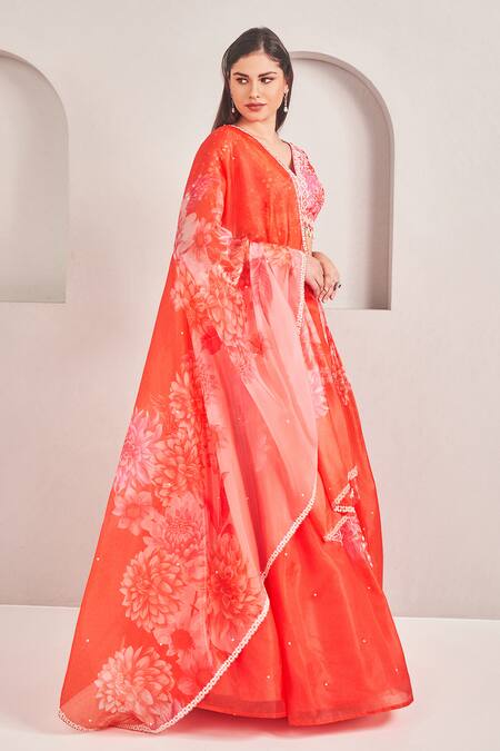 Buy_Sammohi By Moksha And Hiral_Coral , Silk Pearls, Embroidery V-neck Print Lehenga Set _Online_at_Aza_Fashions
